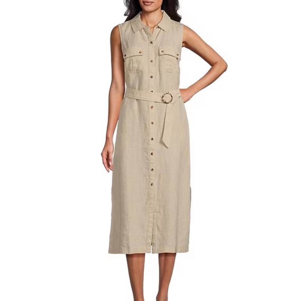 100% Linen Belted Button Down Midi Dress